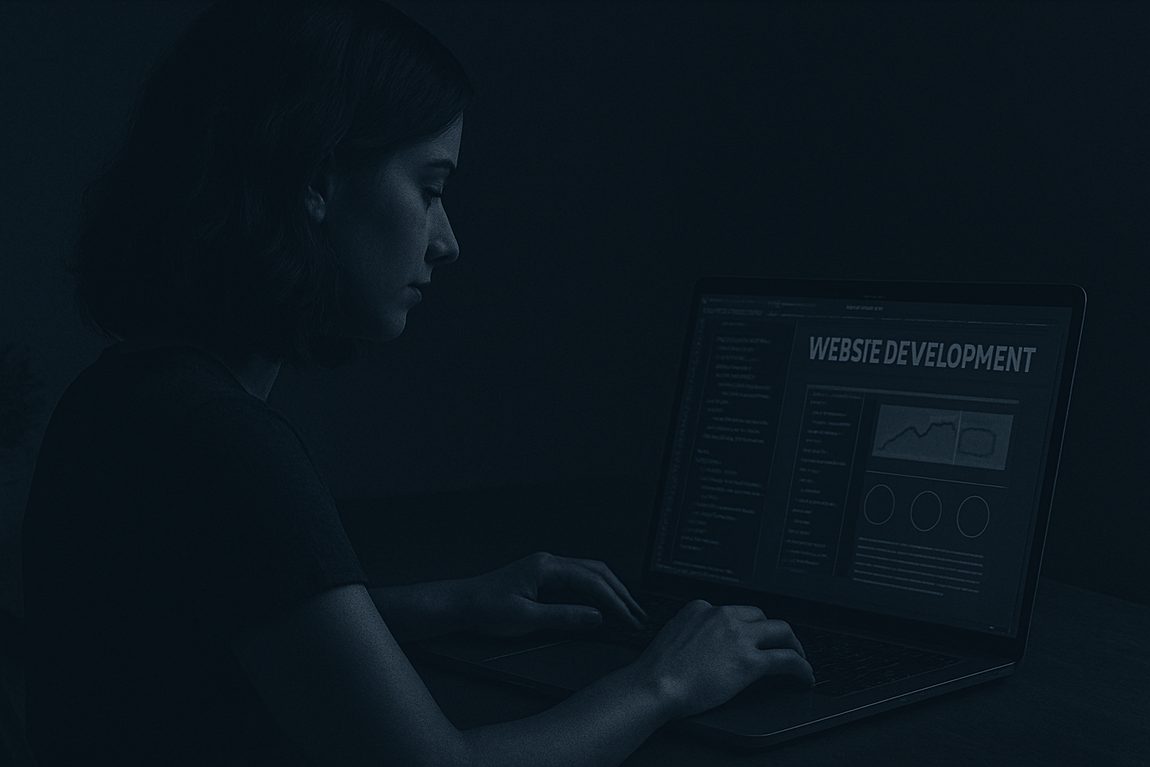 Mulher trabalhando em um notebook com desenvolvimento de site