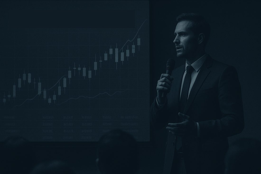Palestrante em evento com gráfico ao fundo